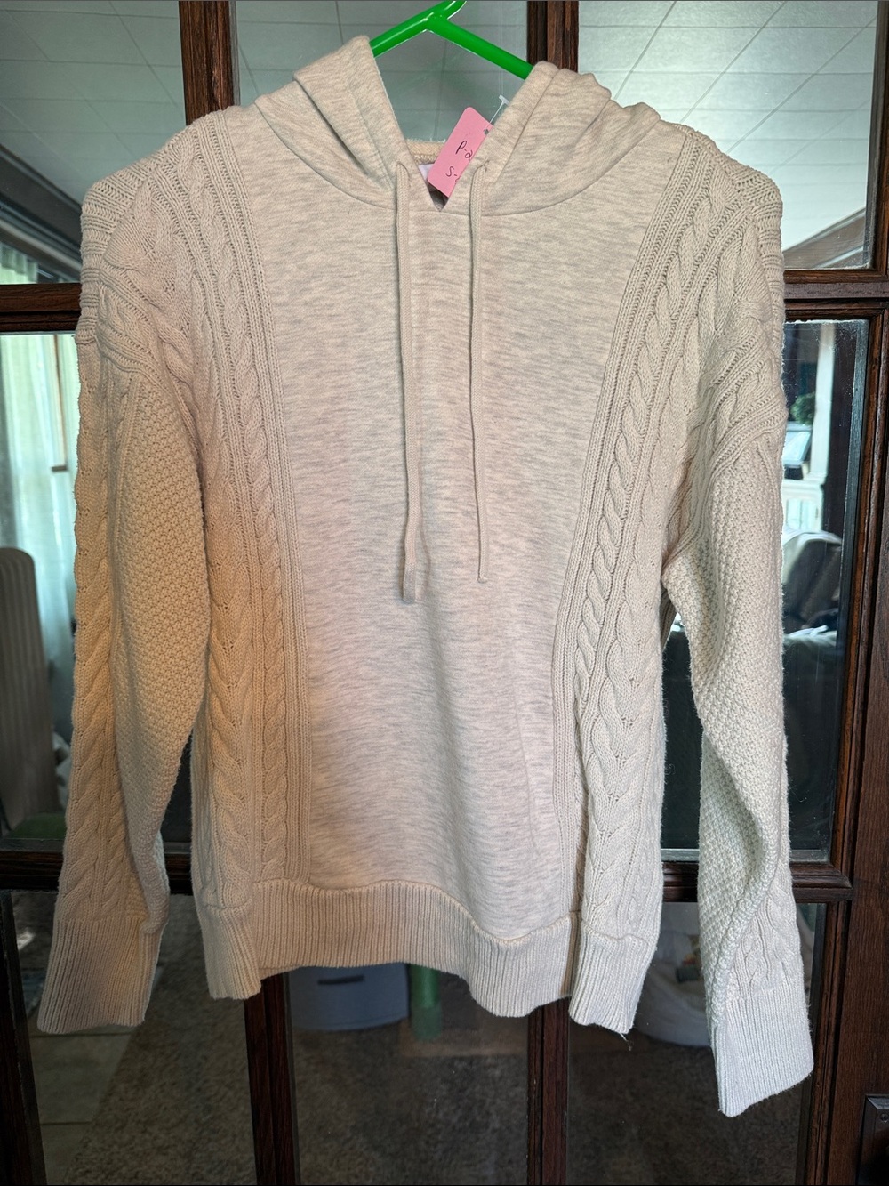 Liz Claiborne Women Oatmeal Cable Knit Pullover Hoodie Sweater Size M Cabin Core